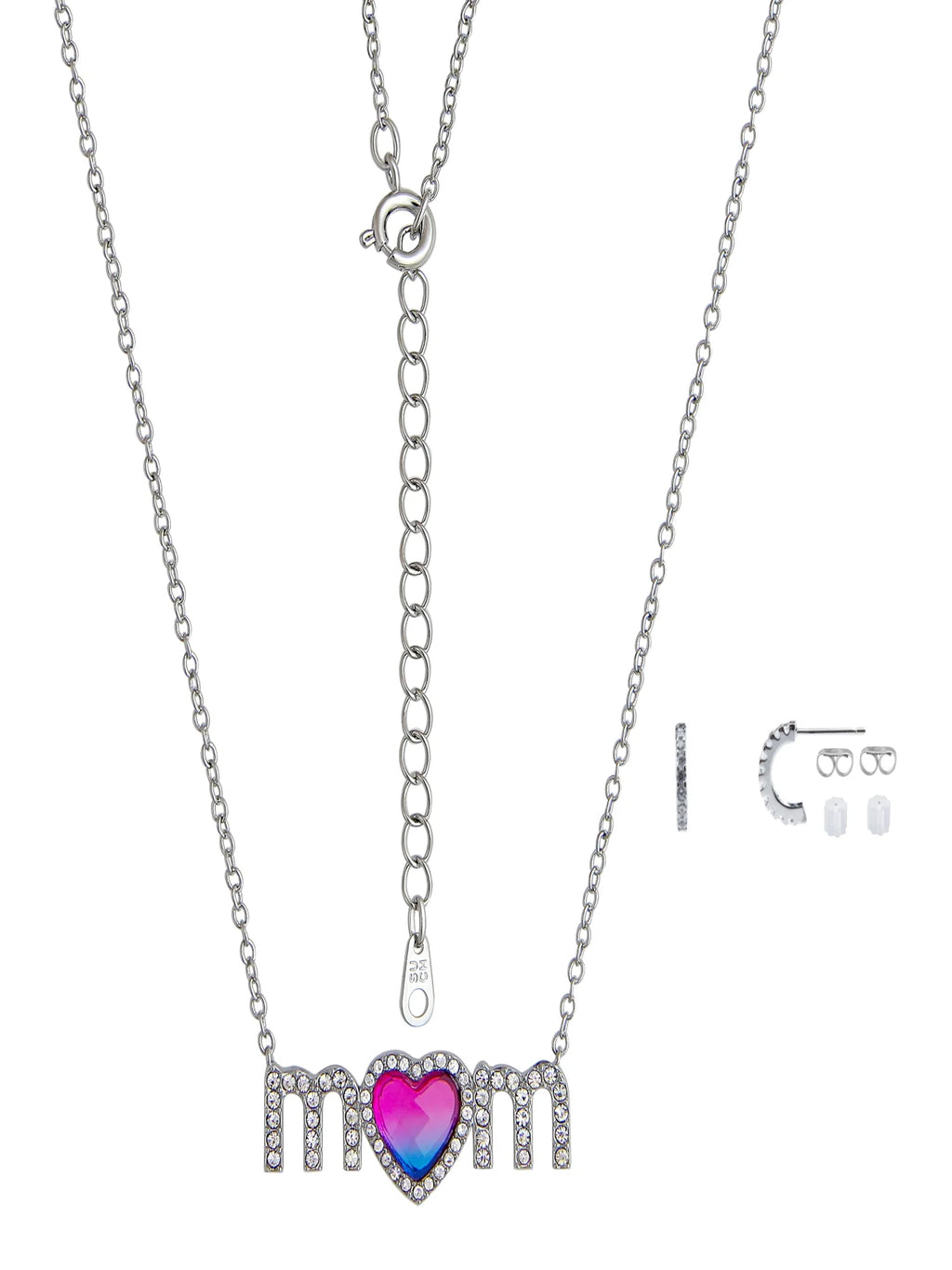 Crystal MOM Pendant & Pave CZ Hoop Earrings Set