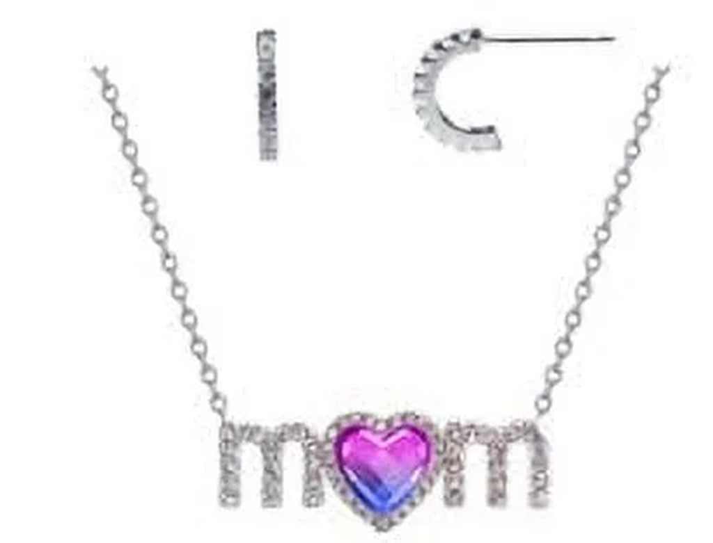 Crystal MOM Pendant & Pave CZ Hoop Earrings Set