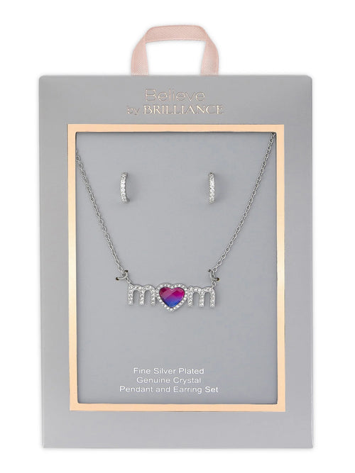 Crystal MOM Pendant & Pave CZ Hoop Earrings Set