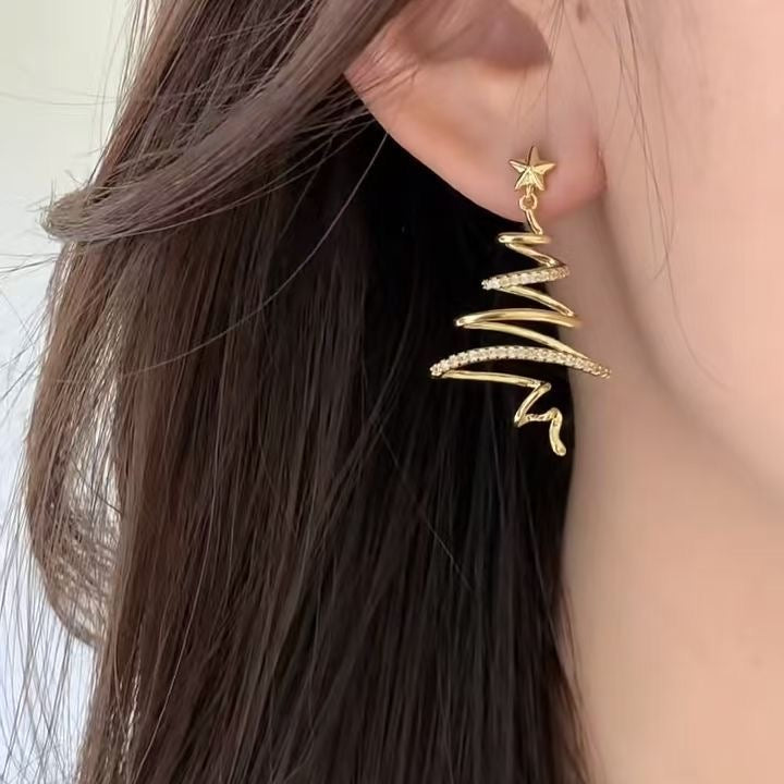 14K Gold Plated Minimalist Linear Christmas Tree Earrings