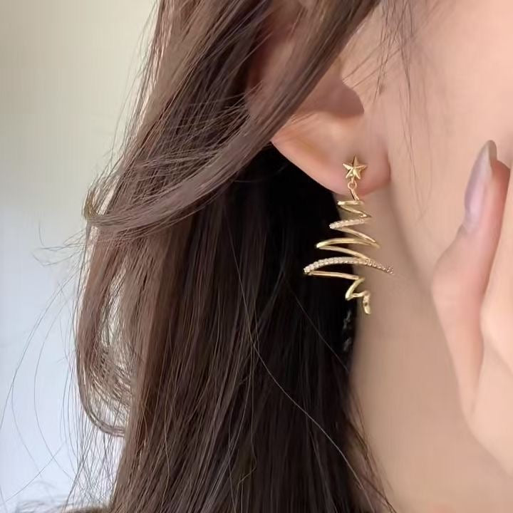 14K Gold Plated Minimalist Linear Christmas Tree Earrings