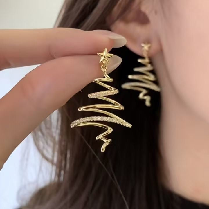 14K Gold Plated Minimalist Linear Christmas Tree Earrings